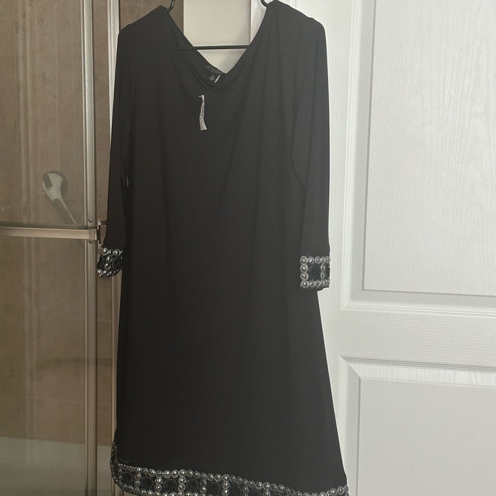 Black  3/4 Sleeve Sheath Dress w/ embellished wrist and bottom edge